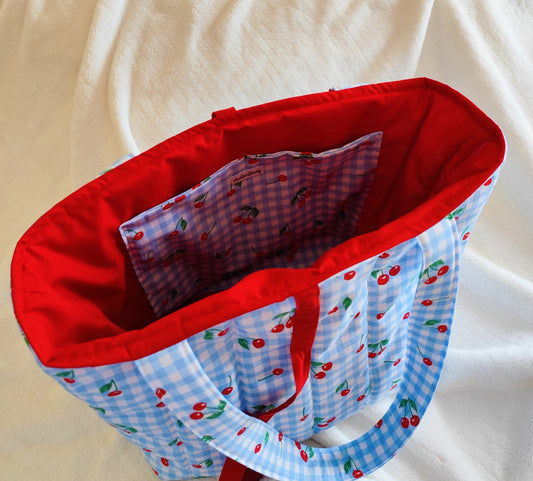Handmade Quilted Gingham & Cherries Tote Bag