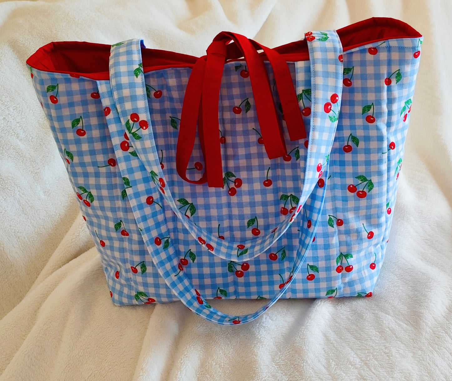 Handmade Quilted Gingham & Cherries Tote Bag