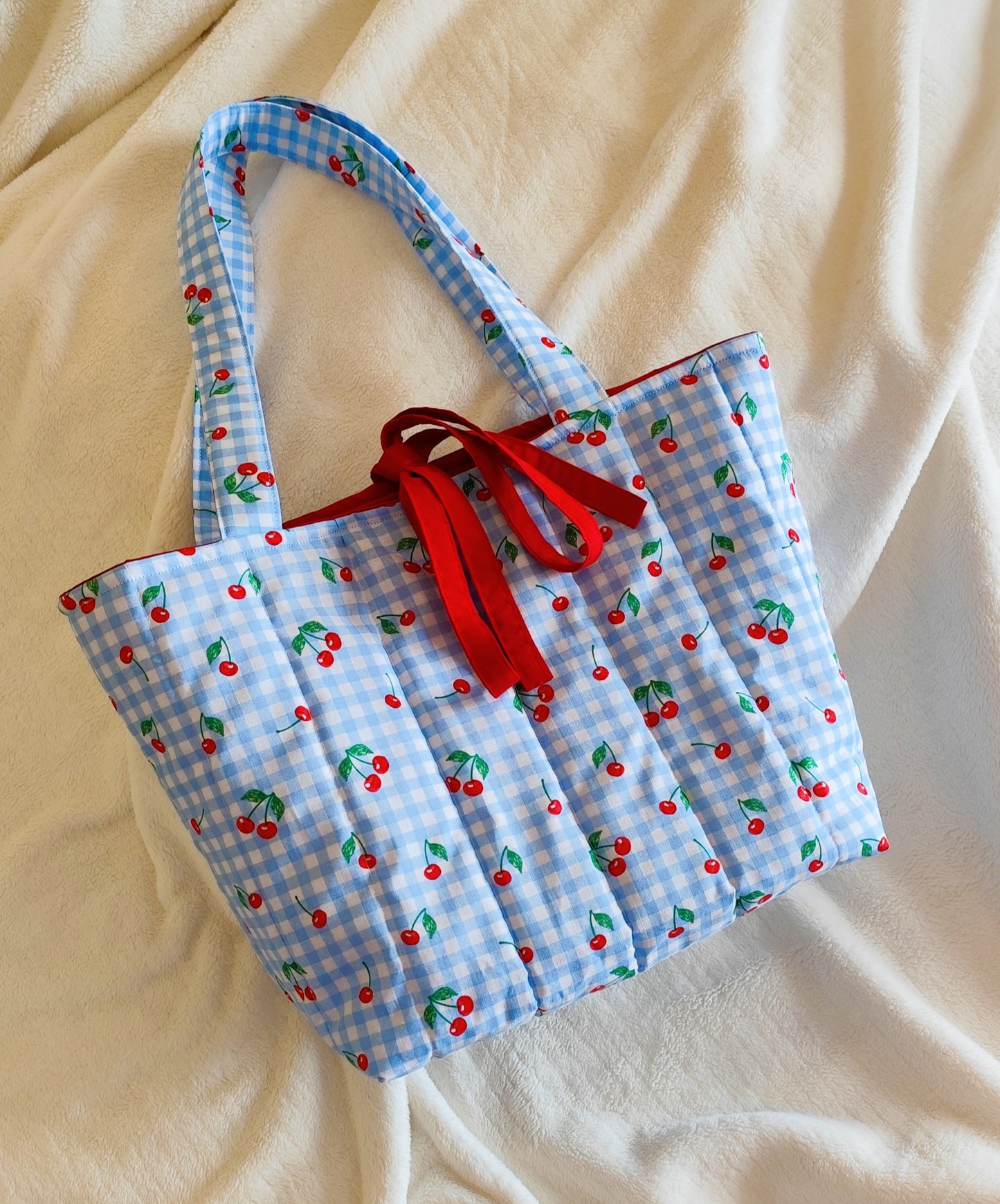 Handmade Quilted Gingham & Cherries Tote Bag